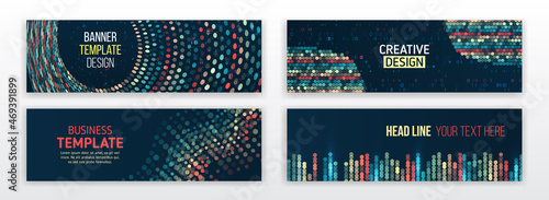 Set of modern banner templates for websites. Abstract social media cover design. Horizontal header web background. Visualization of data arrays, databases. Information flow, sorting.