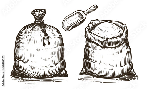 Sack with whole flour or sugar with scoop. Vintage sketch engraving illustration set for label, flayer bakery shop