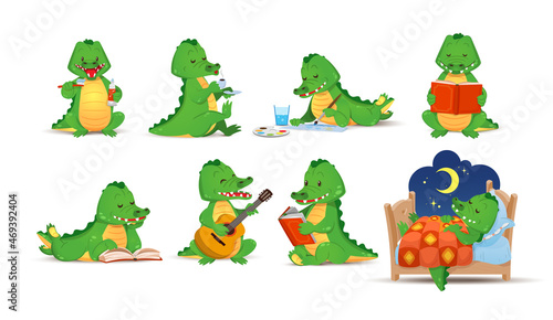 Cute figurines of green crocodiles doing their daily activities. The alligator reads, drinks, sleeps, brushes his teeth. Vector illustration in cartoon style, isolated flat on white background