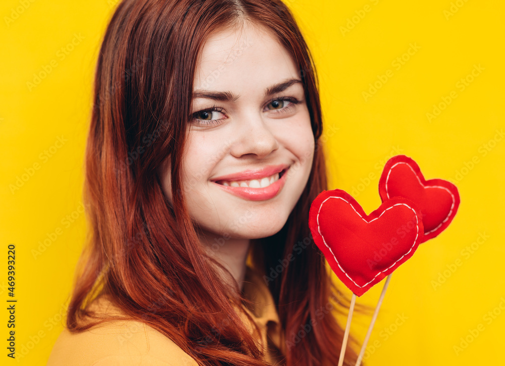 pretty woman heart on a stick emotions holiday yellow background pretty woman heart on a stick emotions holiday yellow background