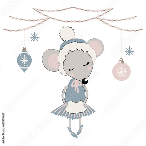 Cartoon little mouse wearing winter hat with a muff