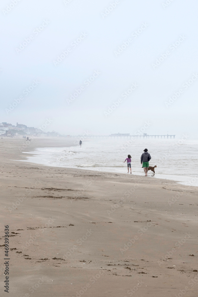 father and daughter stroll along the seashore with dog