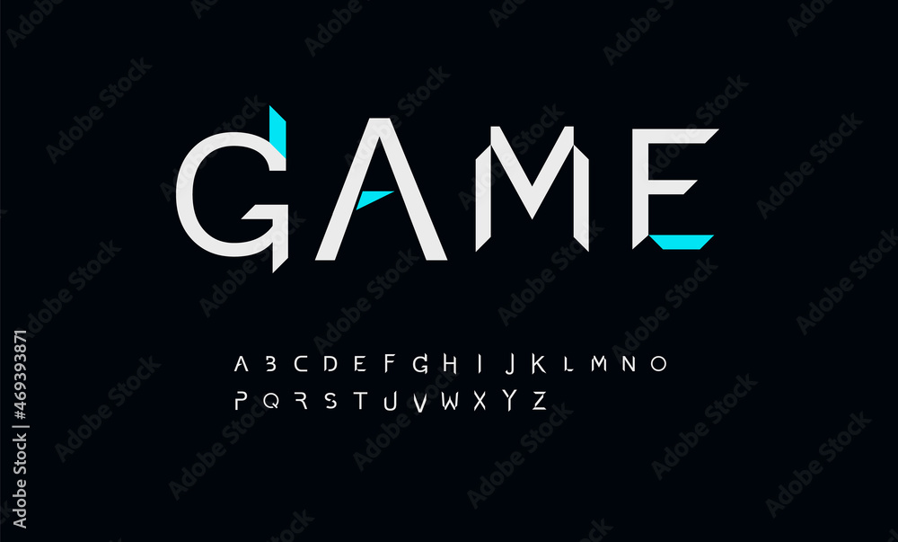 Geometric font alphabet letters. Modern logo typography. Minimal futuristic typographic design. Bevel letter set for tv series, cinema headline and cover title, trendy type.