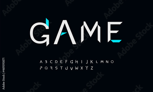 Geometric font alphabet letters. Modern logo typography. Minimal futuristic typographic design. Bevel letter set for tv series, cinema headline and cover title, trendy type.