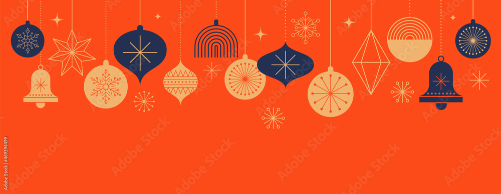 Simple Christmas background, elegant geometric minimalist style. Happy new year banner. Snowflakes, decorations and Xmas trees elements. Retro clean concept design - obrazy, fototapety, plakaty 