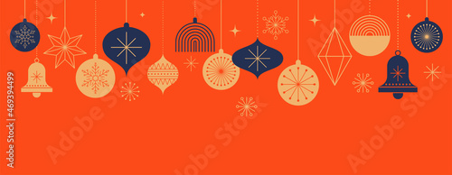 Simple Christmas background, elegant geometric minimalist style. Happy new year banner. Snowflakes, decorations and Xmas trees elements. Retro clean concept design