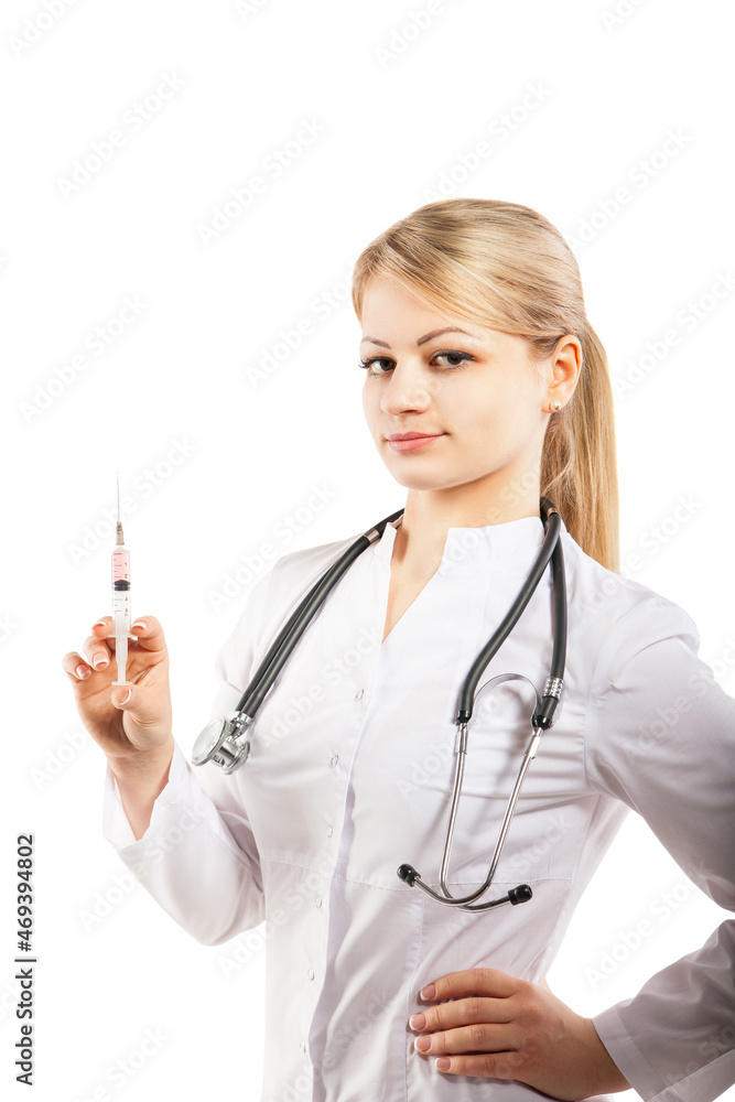 portrait of woman doctor with a syringe on white background portrait of woman doctor with a syringe on white background