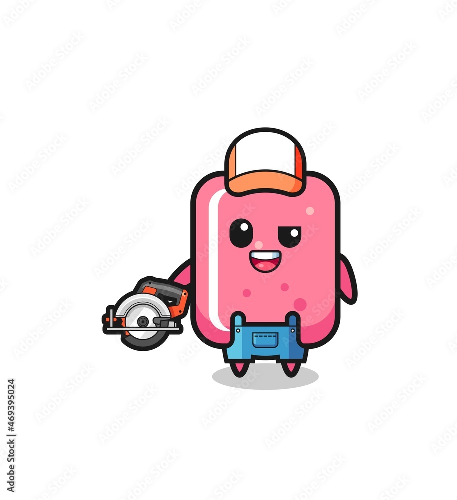 the woodworker bubble gum mascot holding a circular saw the woodworker bubble gum mascot holding a circular saw