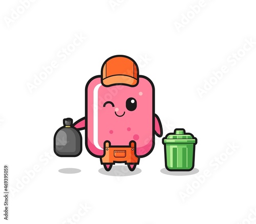 the mascot of cute bubble gum as garbage collector