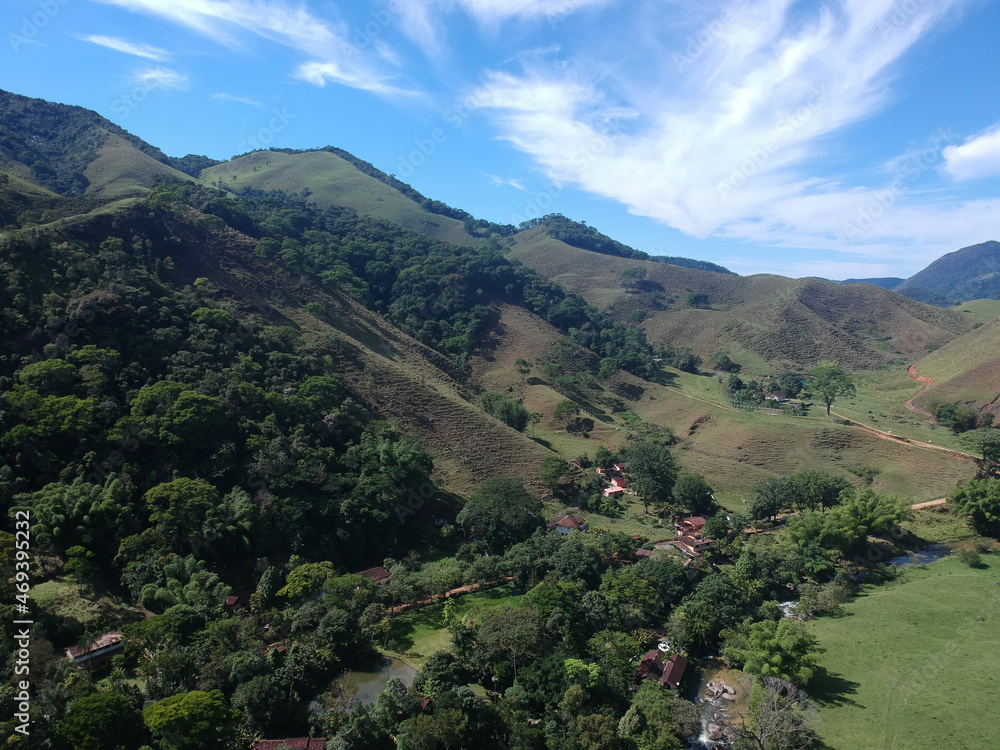 Aerial view of nature in Sana, Macaé, mountain region of Rio de Janeiro. Drone photo