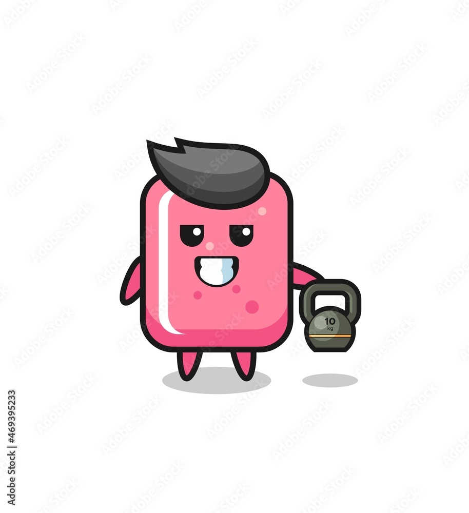 Fototapeta premium bubble gum mascot lifting kettlebell in the gym