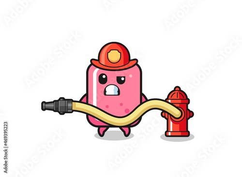 bubble gum cartoon as firefighter mascot with water hose