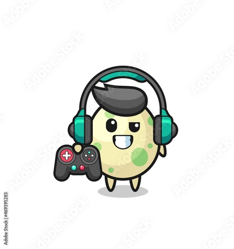 spotted egg gamer mascot holding a game controller