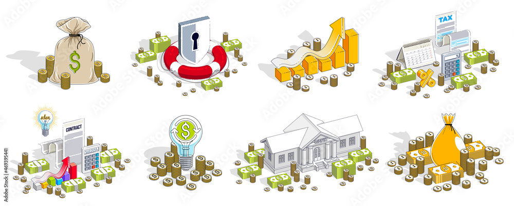 Business and finance concepts 3D vector illustrations set isolated on white background, money theme conceptual design collection, savings, bank, contract, income, safety, online.