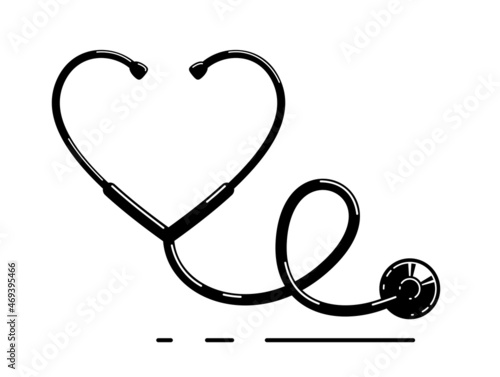 Heart shaped stethoscope vector simple icon isolated over white background, cardiology theme illustration or logo.