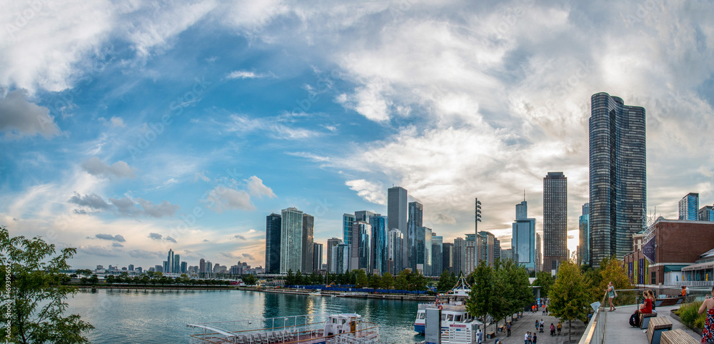 Sunset over the skyline of Chicago, from Navy Pier