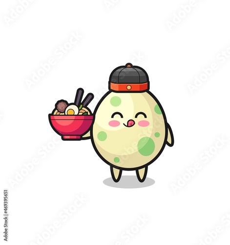 spotted egg as Chinese chef mascot holding a noodle bowl