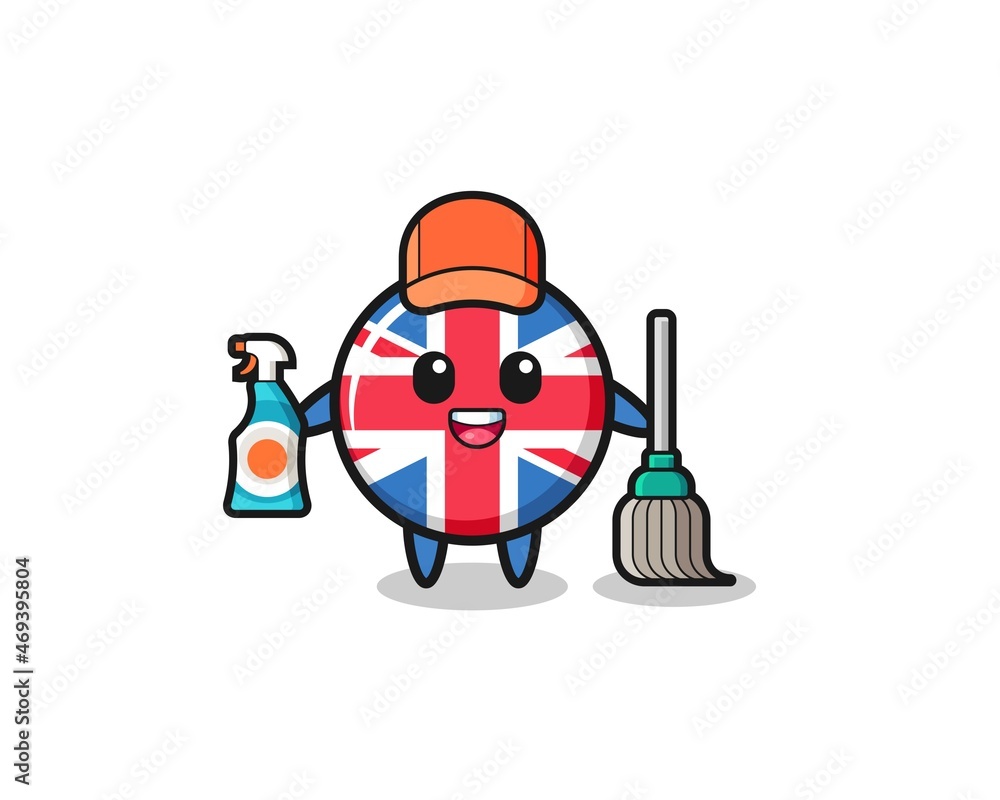 cute united kingdom flag character as cleaning services mascot