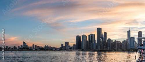 Sunset over the skyline of Chicago  from Navy Pier