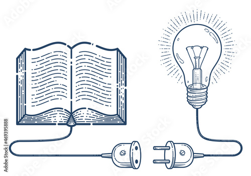 Open book with idea light bulb and cable plug vector linear icon, education and scientific literature library reading line art symbol or logo, electronic book e-book.