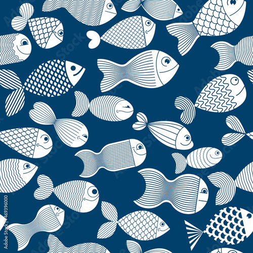 Cute fiches seamless background, seamless pattern, cute childish background for children textile or wrapping paper or packaging for seafood products.