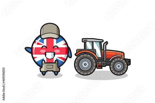 the united kingdom flag farmer mascot standing beside a tractor