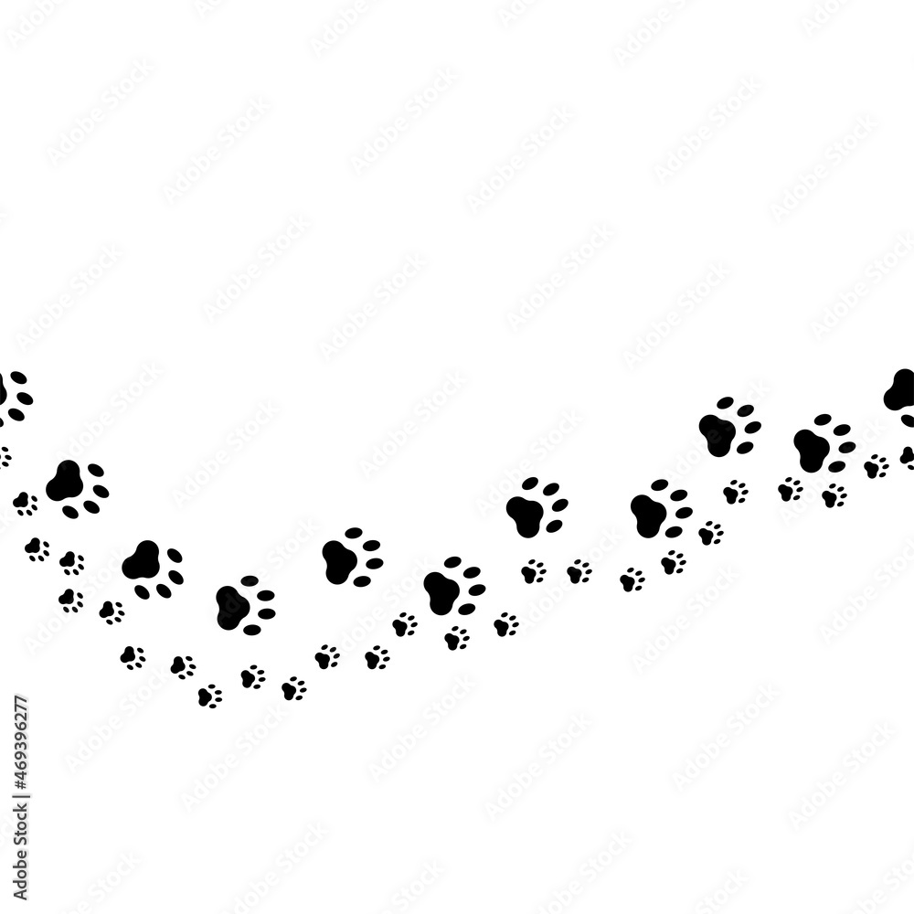Vector illustration. Black and white background. Black footprints of adult wild animals and their babies in flat cartoon style. Cat paws. Contemporary art for print, promotional items.