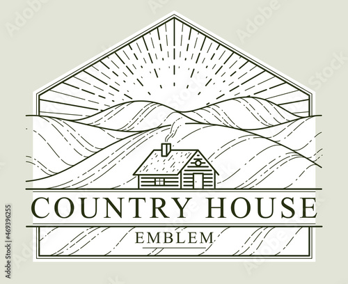 Cabin in grasslands and meadows linear vector nature emblem isolated on white, log cabin cottage for rest, holidays and vacations theme line art logo, beauty in nature, woodhouse resort.