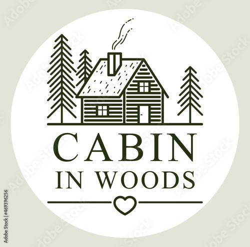 Cabin in woods pine forest linear vector nature emblem isolated on white, log cabin cottage for rest, holidays and vacations theme line art logo, beauty in nature, woodhouse resort.