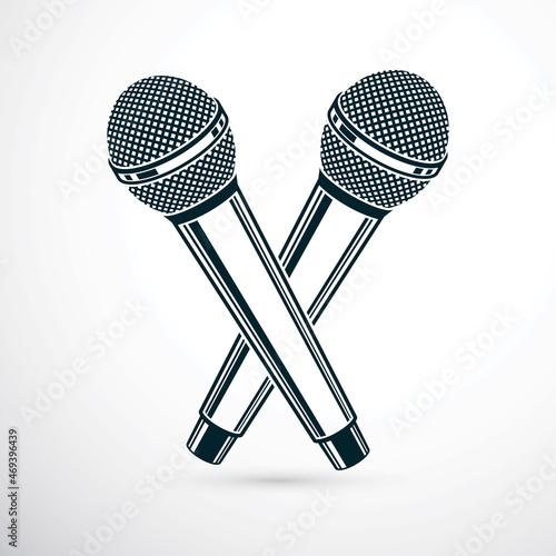Two microphones crossed, vector illustration. Social media influence, broadcasting concept.