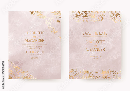 Elegant lavender watercolor wedding invitation cards with gold border texture.