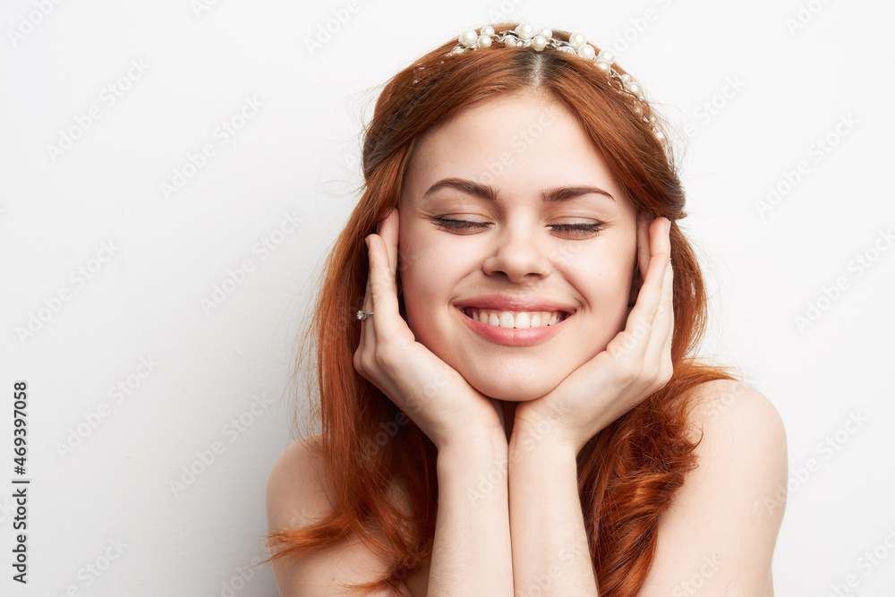 woman bare shoulders red hair makeup glamor smile model woman bare shoulders red hair makeup glamor smile model