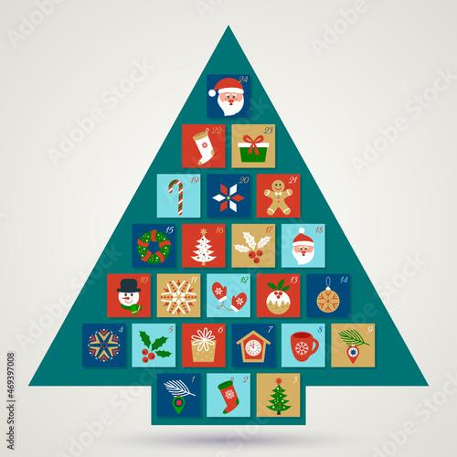 december christmas advent calendar winter card with xmas and new year symbols.