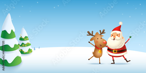 Santa Claus and Reindeer celebrate Christmas holidays - banner - winter landscape