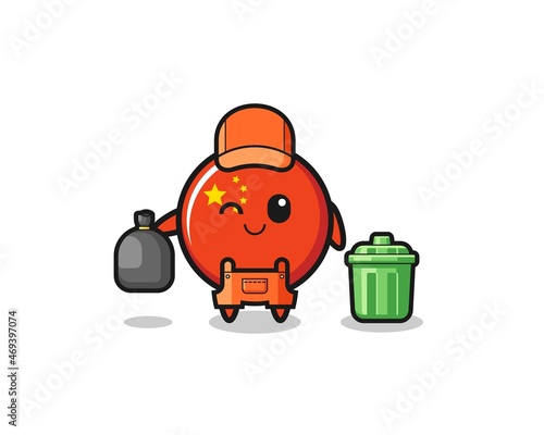 the mascot of cute china flag as garbage collector