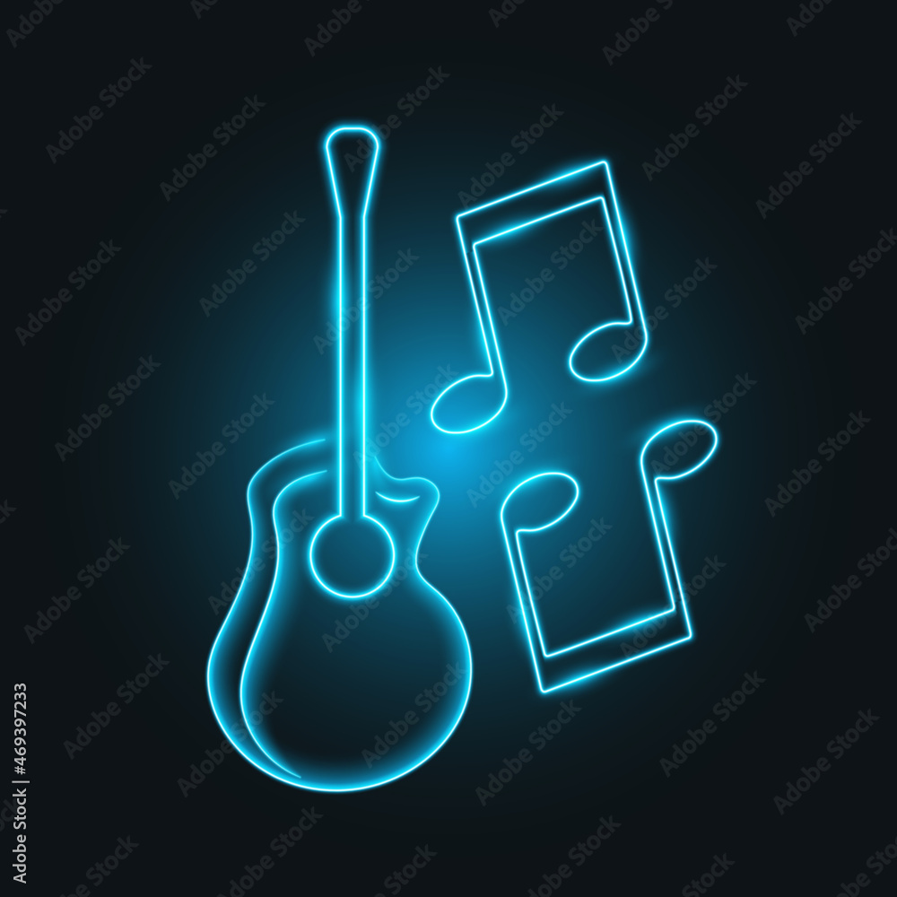 Blue neon guitar and music notes, glowing musical signs, vector illustration. Blue neon guitar and music notes, glowing musical signs, vector illustration.
