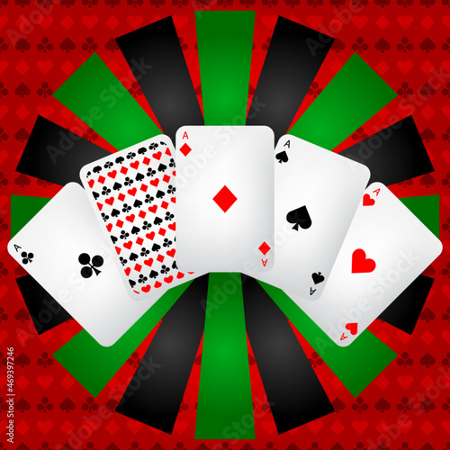 Playing cards on black and green background, gambling template, vector illustration.
