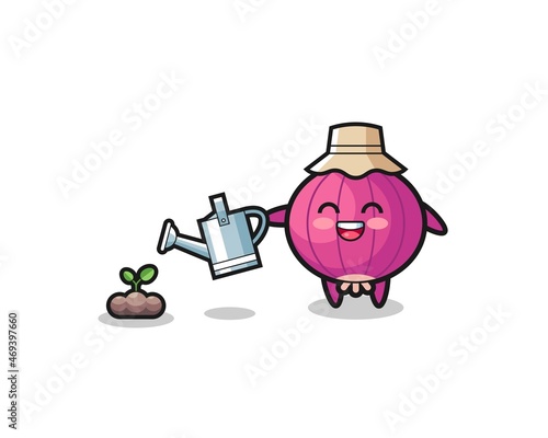 cute onion is watering plant seeds