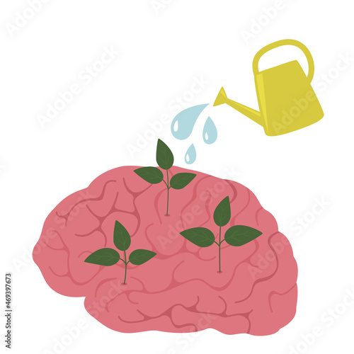 garden watering can water the plants in the brains. the concept of self-development, education, creativity.