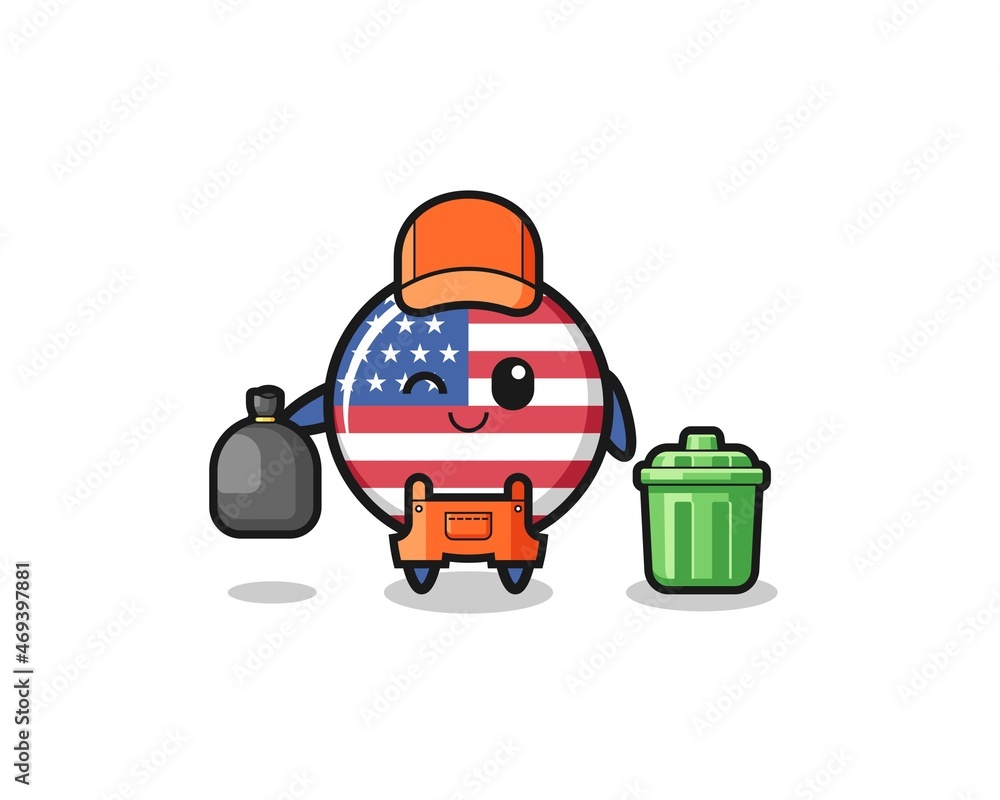 the mascot of cute united states flag as garbage collector