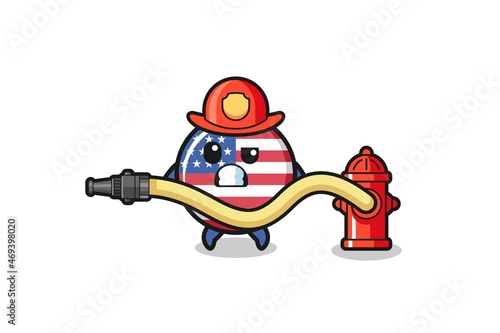 united states flag cartoon as firefighter mascot with water hose