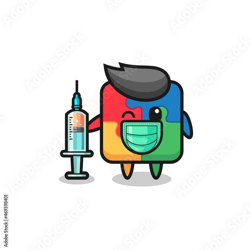 puzzle mascot as vaccinator