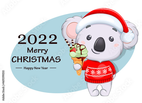 Canvas Print Funny koala in Santa hat holding ice-cream