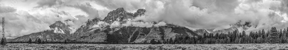 Panoramic view of the Grand Teton mountain chain in Wyoming