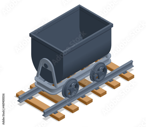 Isometric old coal mine wagon. Mining cart. Old iron lurry minecart tram tool equipment