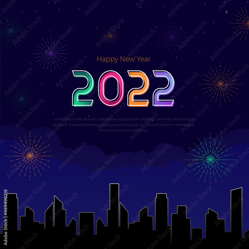 New year's eve illustration with city building silhouette background for social media post