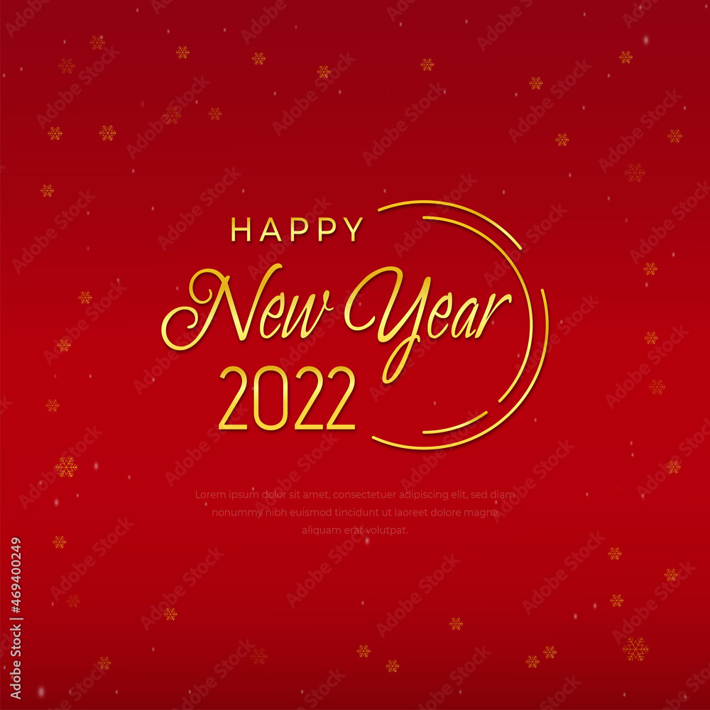 Happy new year 2022 with gold text and red background for social media post