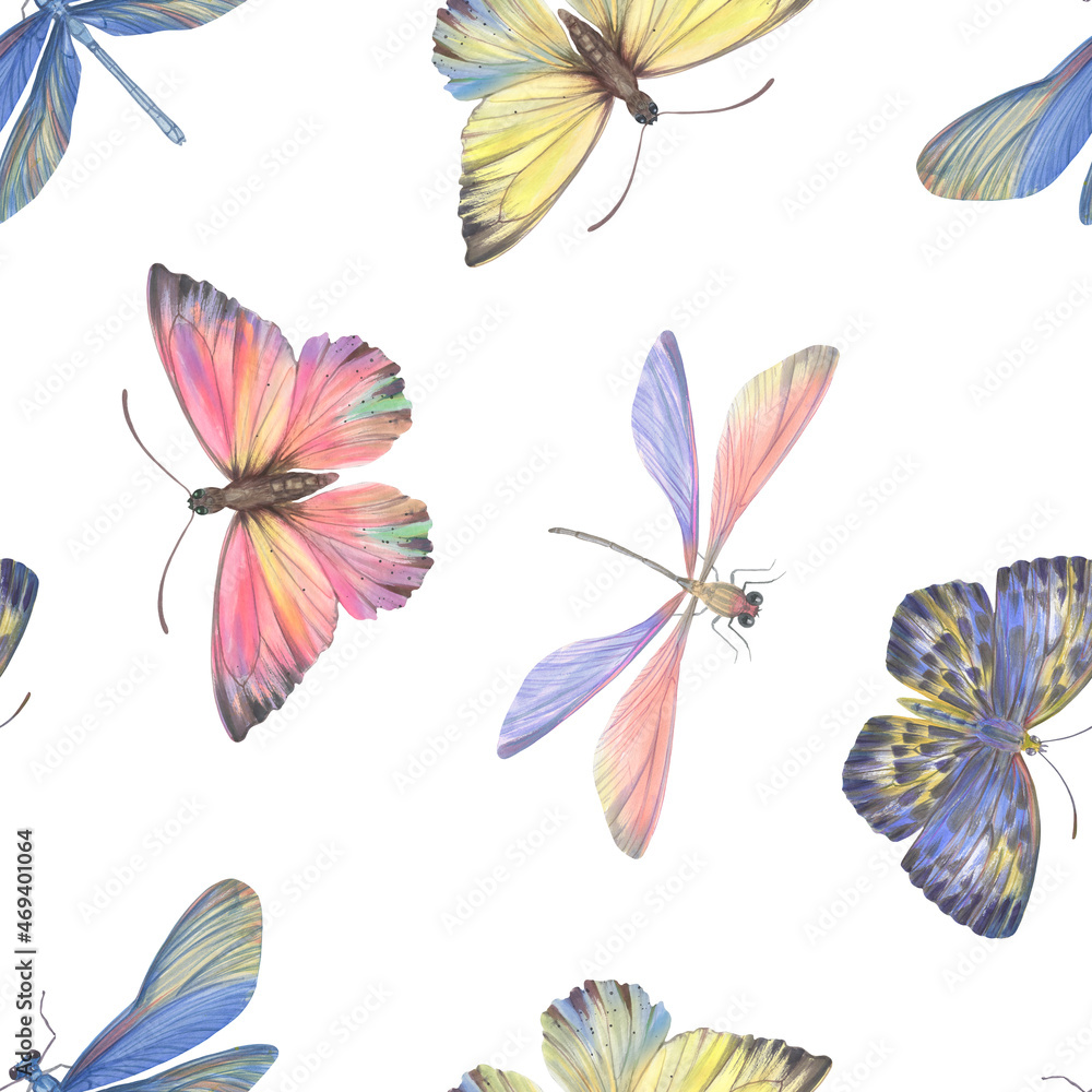Abstract botanical pattern. Butterflies on a white background. Bright background for design, wallpaper, wrapping paper, scrapbooking. Butterflies painted with watercolors and digitally processed. Abstract botanical pattern. Butterflies on a white background. Bright background for design, wallpaper, wrapping paper, scrapbooking. Butterflies painted with watercolors and digitally processed.