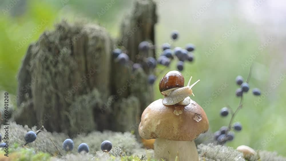 A large snail crawls on a white mushroom in the forest. Soft selective focus A large snail crawls on a white mushroom in the forest. Soft selective focus