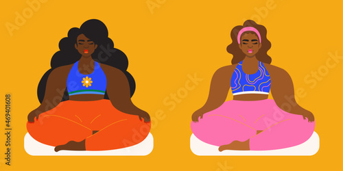 Illustration of women meditating together wearing bright sportswear